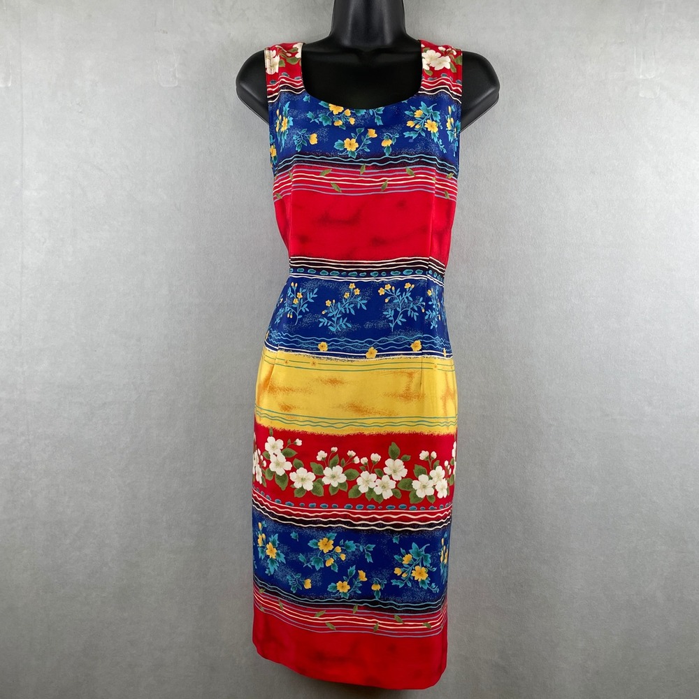 Sag Harbor Vintage Floral Striped Sleeveless Sheath Dress Red Blue Kitschy Sz 12